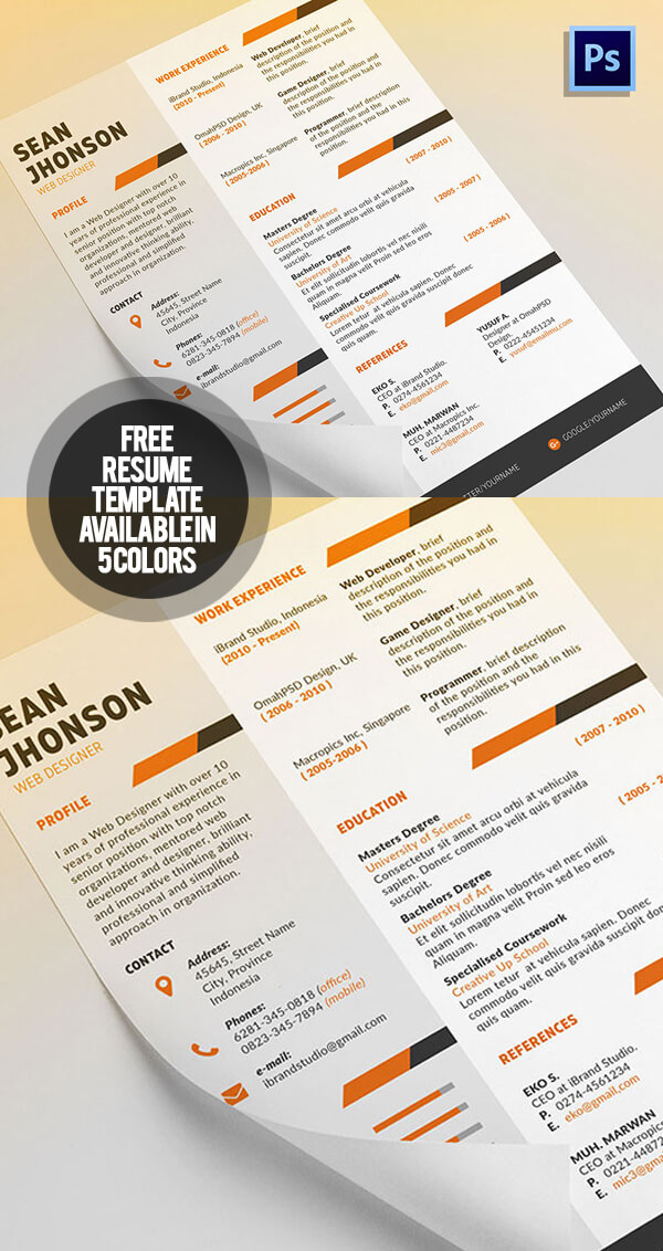 Free Ziper Resume Template + Cover Letter (5 Colors, PSD)