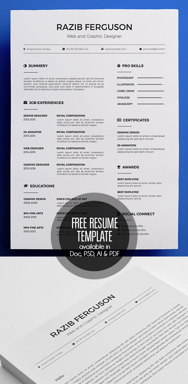 Free Resume Template available in Doc, PSD, AI & PDF